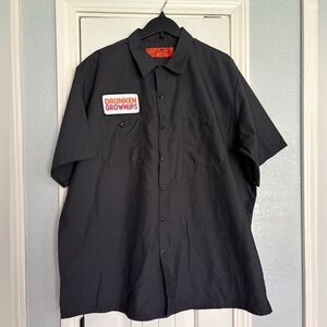 Red Kap Drunken Grownups Button Up Shirt Short Sleeve Patch Graphic Party XXL